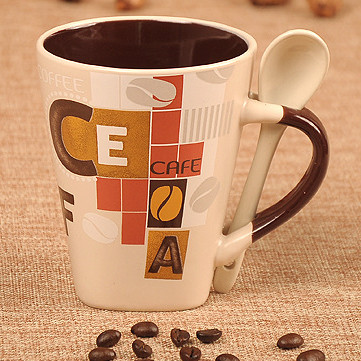 340cc cafebean design ceramic coffee mug with spoon