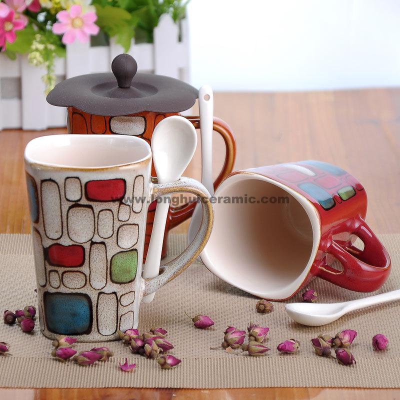 340cc hand painted fashion quadrilateral ceramic coffee mug with spoon