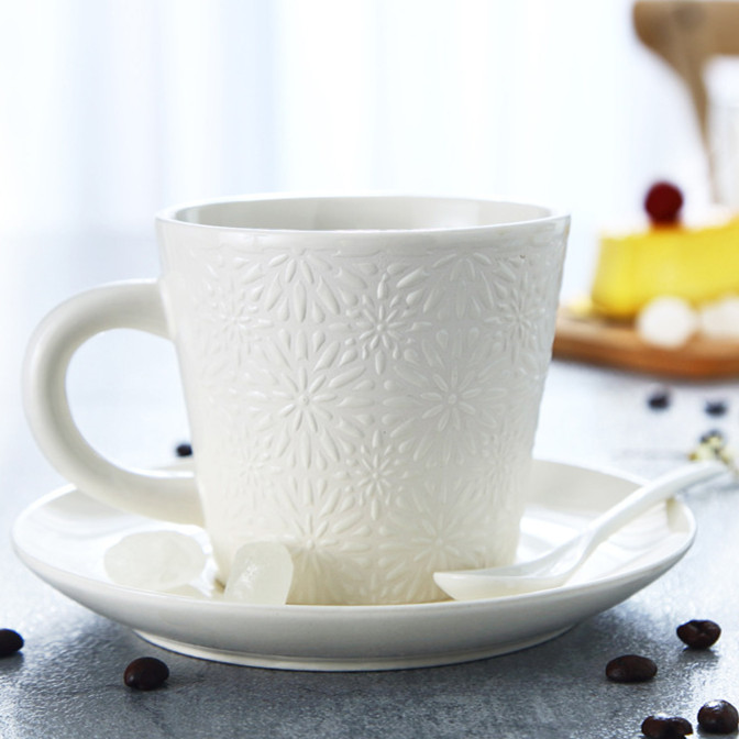 410cc high-grade embossed white ceramic coffee cup&saucer