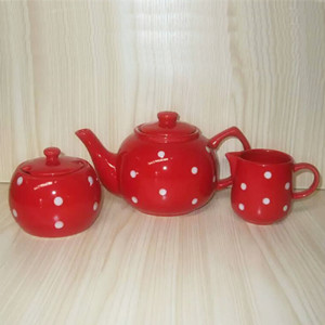 3pcs color glaze and white dots painted ceramic teaset with teapot milk jar sugar pot