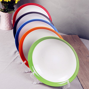 Hotel restaurant porcelain round plate with color glazed rim