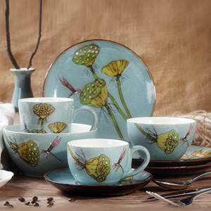 5pcs lotus pod and dragonfly handpainted ceramic dinner set