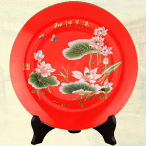 High-grade Chinese flower lotus painting red ceramic decoration plate