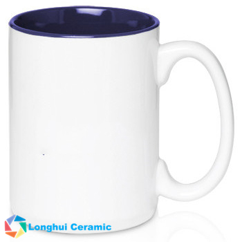 15oz Two-tone glossy white exterior colored exterior promotional ceramic coffee mug