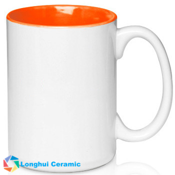 15oz Two-tone glossy white exterior colored exterior promotional ceramic coffee mug