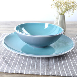 2pcs sky blue glazed ceramic bowl&plate 