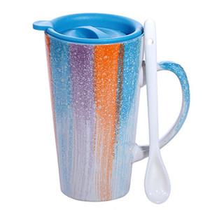 460cc Large glaze brushed ceramic couple coffee mug with spoon