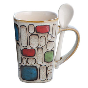 340cc hand painted fashion quadrilateral ceramic coffee mug with spoon
