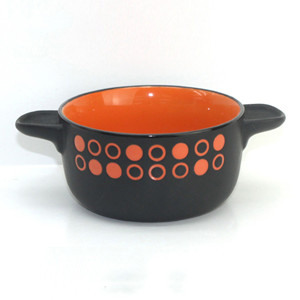 Two-tone color circle design ceramic soup bowl with two ears