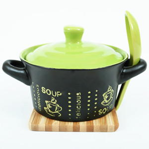 5'' Two-tone two-ear simple pattern ceramic soup bowl with lid and spoon