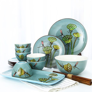 18pcs Beautiful handpainted lotus pod and dragonfly ceramic dinnerware set