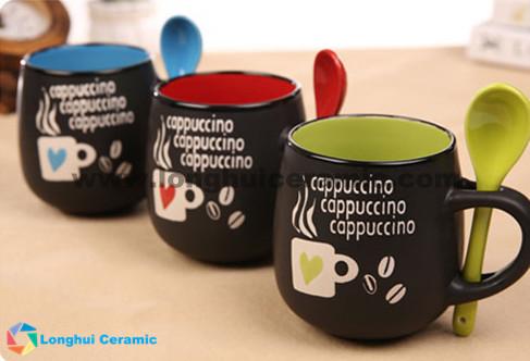11oz love design ceramic cappuccino cup with spoon and lid