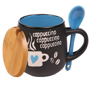 11oz love design ceramic cappuccino cup with spoon and lid