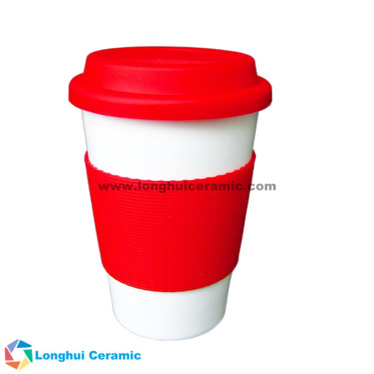 380ml ceramic custom coffee mug with silicone lid and silicone band grip