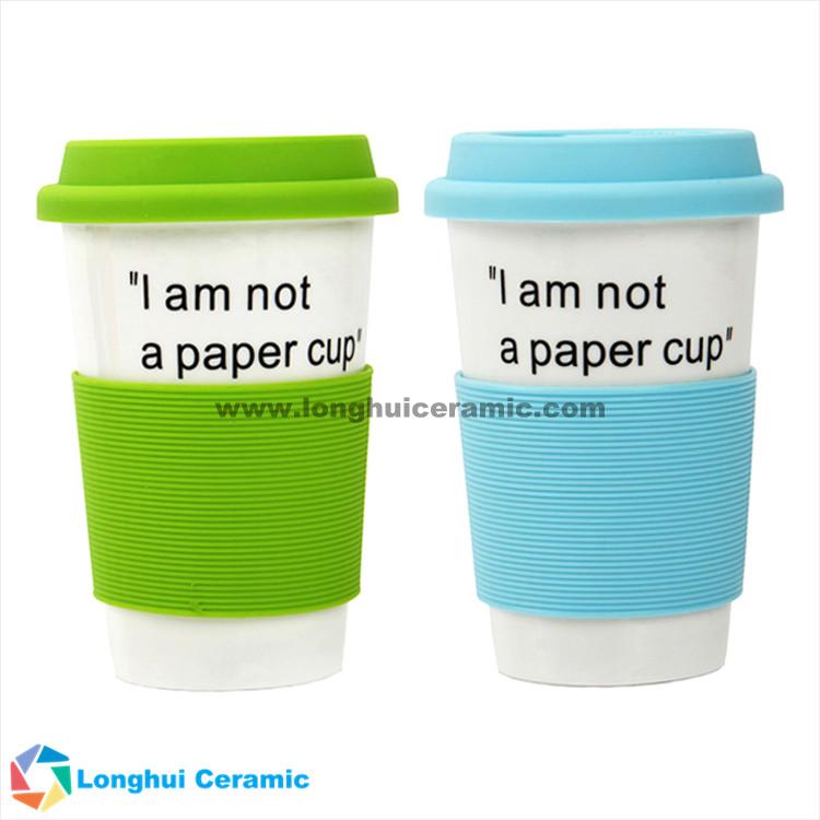 380ml ceramic custom coffee mug with silicone lid and silicone band grip