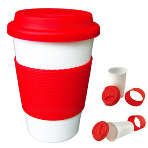 380ml ceramic custom coffee mug with silicone lid and silicone band grip