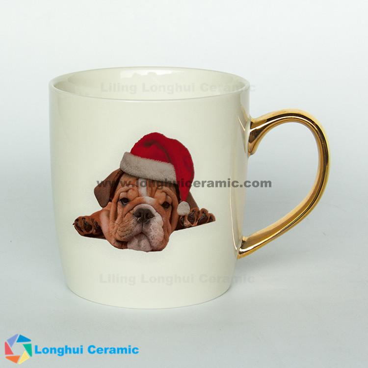 12oz fashionable custom christmas design gold handle ceramic cup