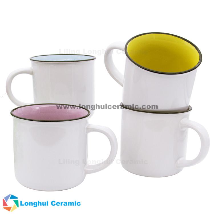 13oz custom print two tone retro black rim tin camping cup style enamel look ceramic mugs